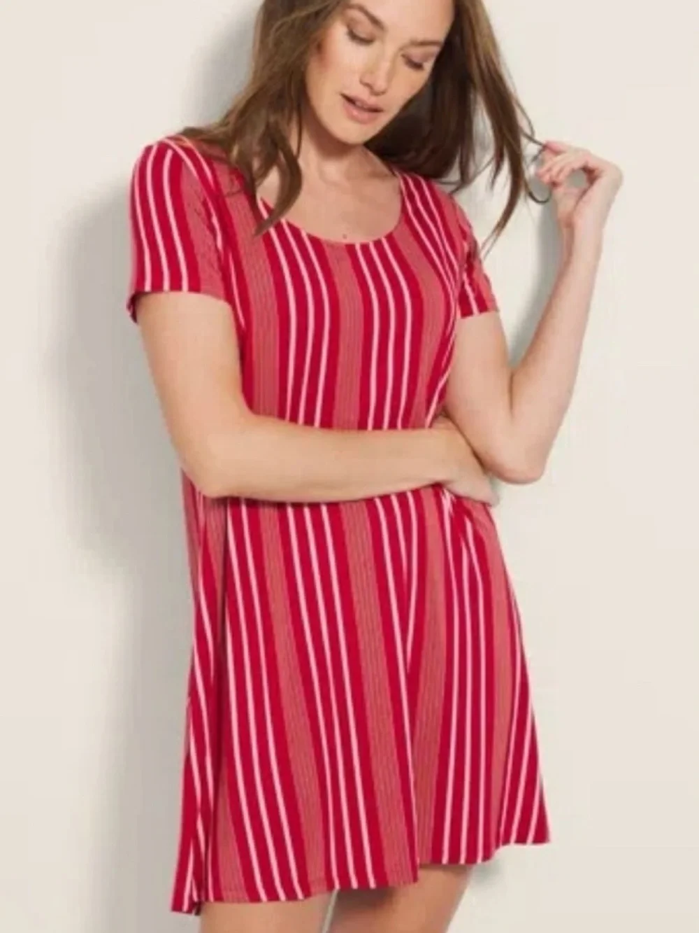 SOMA Cool Nights Sleep Shirt Night Gown in Sleighbell Stripe Red Size Small NWT